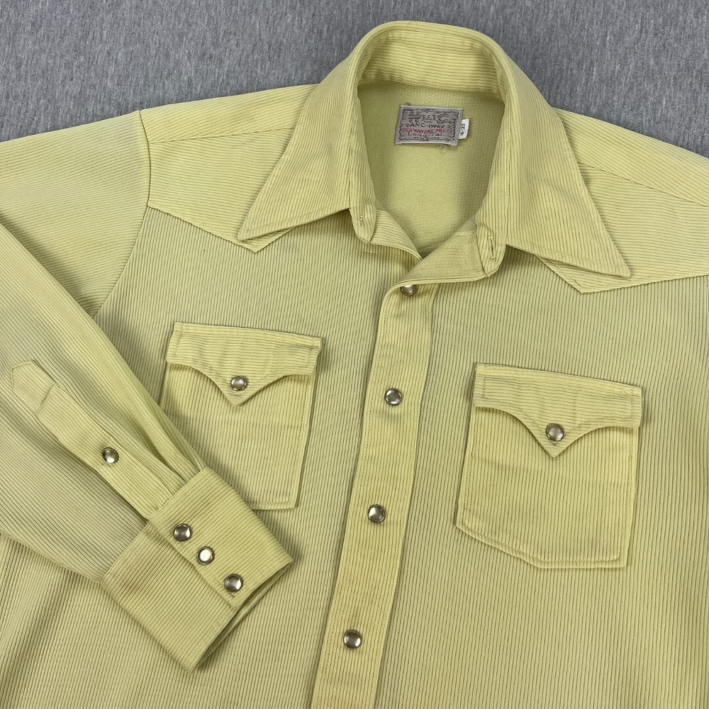 Vintage H Bar C Western Pearl Snap Shirt Men 16-33 Long Tail Pale Yellow 60s 70s